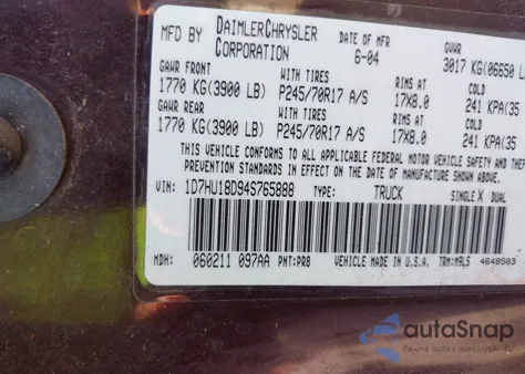 2004 Dodge Ram 1500 Slt/Laramie z USA, uszkodzony, nr VIN 1D7HU18D94S765888